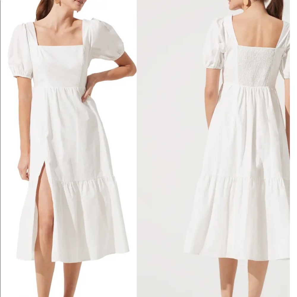 ASTR Poplin Puff Sleeve Tiered Midi Dress White